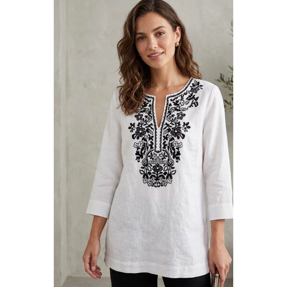 Charter Club Linen White Top Blouse Size L